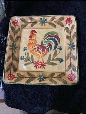 Oster Hand-Painted Rooster Square Serving Plate - Yellow, Green, Blue, Red